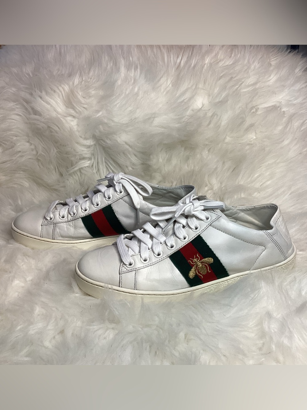 Gucci White Leather Bee Web Sneakers